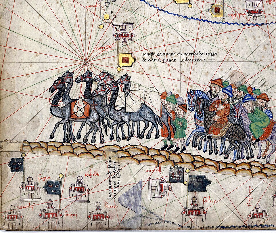 A medieval caravan crossing the Silk Road, drawn in the 1375 Catalan Atlas.