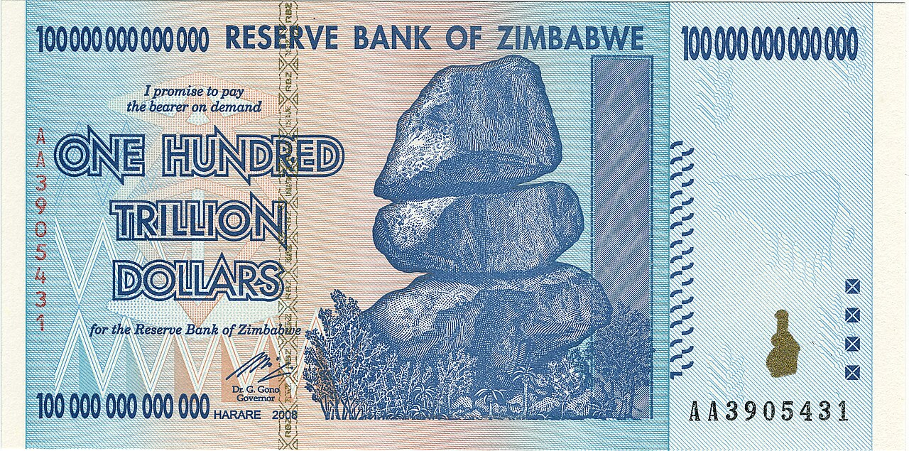 Zimbabwean 100 trillion dollar banknote, 2009.