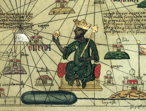 A 1375 illustration of Mansa Musa of Mali holding a gold nugget on his throne.