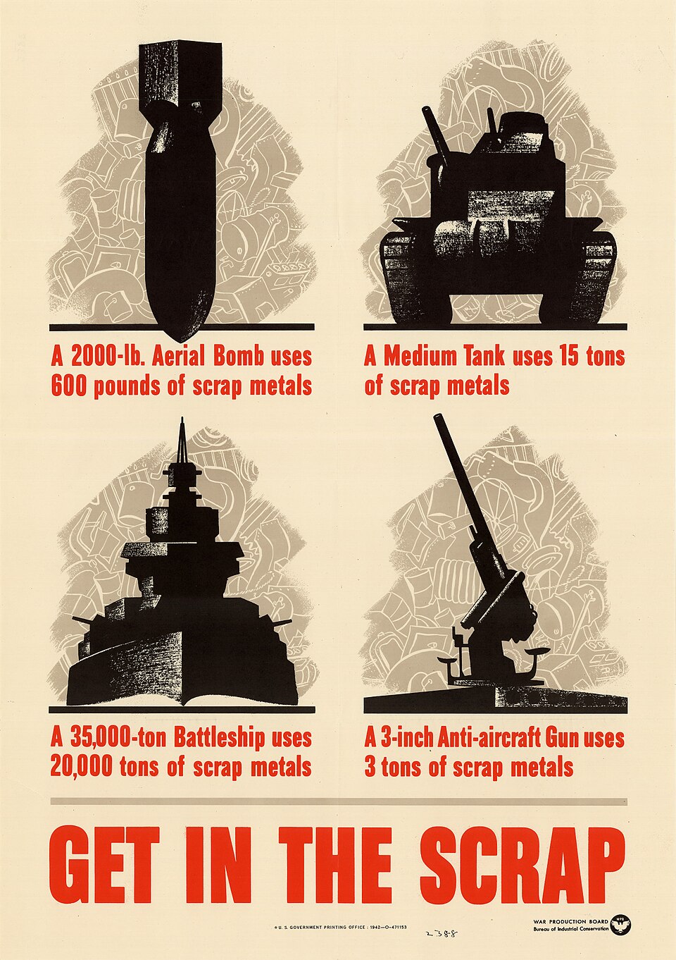 A WWII-era American poster asking citizens to donate scrap metal to the war effort.