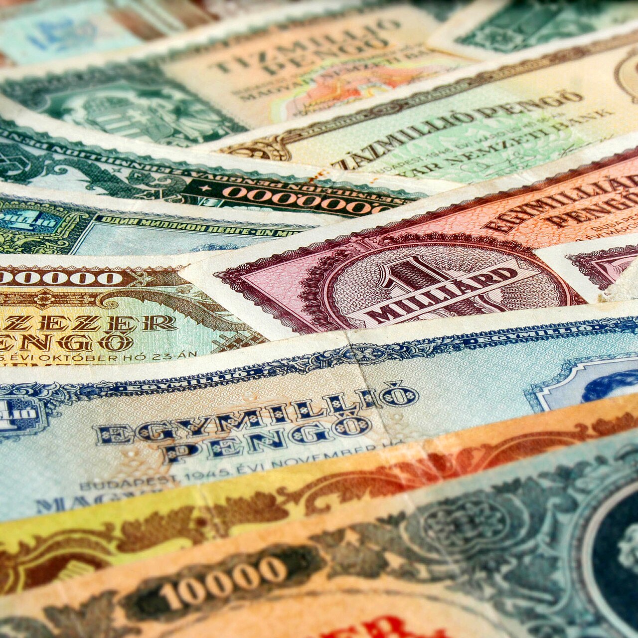 Hungarian pengő banknotes from the 1946 hyperinflation.